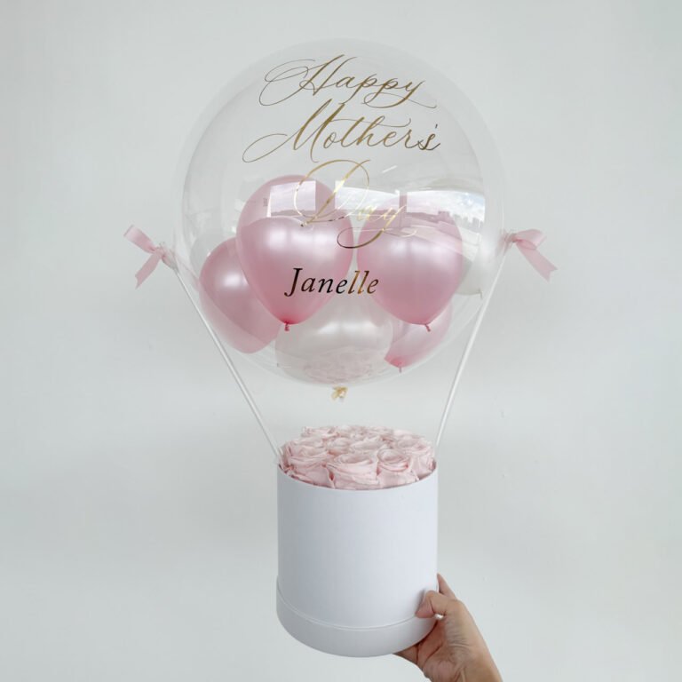 ’18 inch Bobo Clear Gift Balloon with Preserved 12 Roses Hug Box Base – Mother’s Day