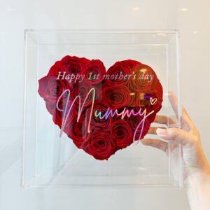 “Preserved Flower Acrylic Box with Roses in Heart Shape Mother’s Day Design – Red
